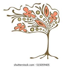 Vector hand drawn illustration, decorative ornamental stylized tree. Abstract graphic illustration isolated on the white background. Artistic drawing silhouette. Decorative  ornamental wood