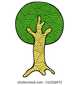 Vector hand drawn illustration, decorative ornamental stylized tree. Abstract graphic illustration isolated on the white background. Artistic drawing silhouette. Decorative  ornamental wood