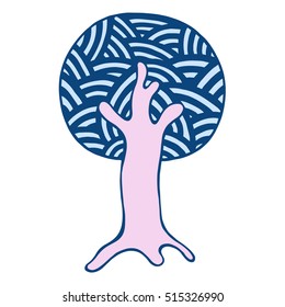 Vector hand drawn illustration, decorative ornamental stylized tree. Abstract graphic illustration isolated on the white background. Artistic drawing silhouette. Decorative  ornamental wood