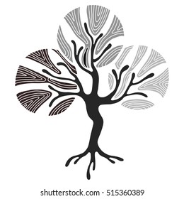 Vector hand drawn illustration, decorative ornamental stylized tree. Abstract graphic illustration isolated on the white background. Artistic drawing silhouette. Decorative  ornamental wood