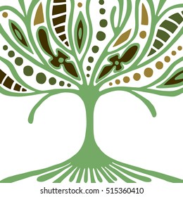 Vector hand drawn illustration, decorative ornamental stylized tree. Abstract graphic illustration isolated on the white background. Artistic drawing silhouette. Decorative  ornamental wood