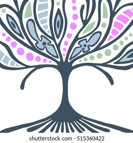 Vector hand drawn illustration, decorative ornamental stylized tree. Abstract graphic illustration isolated on the white background. Artistic drawing silhouette. Decorative  ornamental wood