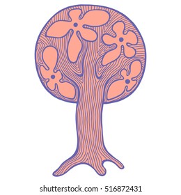Vector hand drawn illustration, decorative ornamental stylized tree. Colorful Abstract graphic illustration isolated on the white background. 