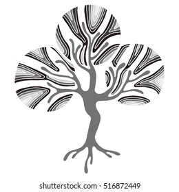 Vector hand drawn illustration, decorative ornamental stylized tree. Grey Abstract graphic illustration isolated on the white background. 