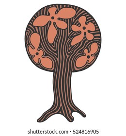 Vector hand drawn illustration, decorative ornamental stylized tree. Red abstract graphic illustration isolated on the white background. Artistic drawing silhouette. Decorative  ornamental wood.