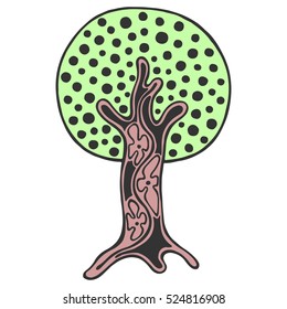 Vector hand drawn illustration, decorative ornamental stylized tree Pink, green abstract graphic illustration isolated on the white background. Artistic drawing silhouette Decorative  ornamental wood