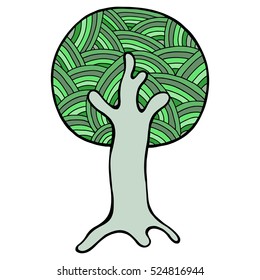 Vector hand drawn illustration, decorative ornamental stylized tree. Green abstract graphic illustration isolated on the white background. Artistic drawing silhouette. Decorative  ornamental wood
