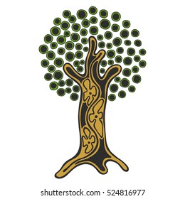 Vector hand drawn illustration, decorative ornamental stylized tree. Brown abstract graphic illustration isolated on the white background. Artistic drawing silhouette. Decorative  ornamental wood