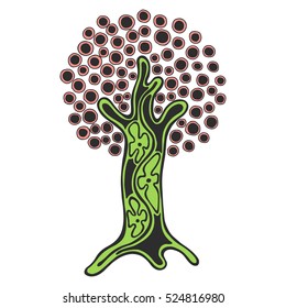 Vector hand drawn illustration, decorative ornamental stylized tree. Green, pink abstract graphic illustration isolated on the white background. Artistic drawing silhouette Decorative  ornamental wood