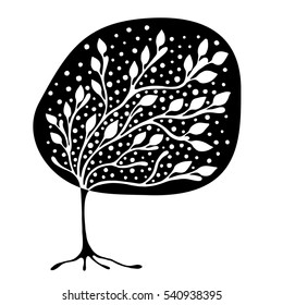 Vector hand drawn illustration, decorative ornamental stylized tree. Black and white graphic illustration isolated on the white background. Inc drawing silhouette. Decorative artistic ornamental wood