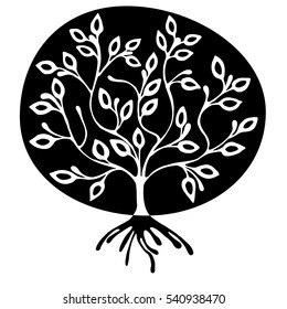 Vector hand drawn illustration, decorative ornamental stylized tree. Black and white graphic illustration isolated on the white background. Inc drawing silhouette. Decorative artistic ornamental wood