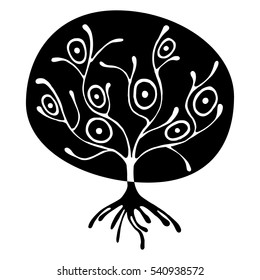 Vector hand drawn illustration, decorative ornamental stylized tree. Black and white graphic illustration isolated on the white background. Inc drawing silhouette. Decorative artistic ornamental wood