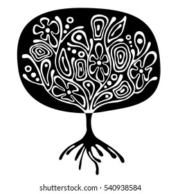 Vector hand drawn illustration, decorative ornamental stylized tree. Black and white graphic illustration isolated on the white background. Inc drawing silhouette. Decorative artistic ornamental wood