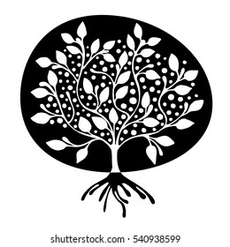 Vector hand drawn illustration, decorative ornamental stylized tree. Black and white graphic illustration isolated on the white background. Inc drawing silhouette. Decorative artistic ornamental wood