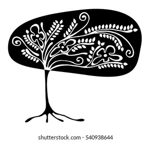Vector hand drawn illustration, decorative ornamental stylized tree. Black and white graphic illustration isolated on the white background. Inc drawing silhouette. Decorative artistic ornamental wood