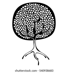 Vector hand drawn illustration, decorative ornamental stylized tree. Black and white graphic illustration isolated on the white background. Inc drawing silhouette. Decorative artistic ornamental wood