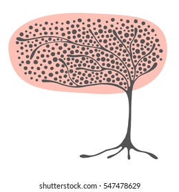 Vector hand drawn illustration, decorative ornamental stylized tree. Pink graphic illustration isolated on the white background. Hand drawing silhouette. Decorative artistic abstract branch.