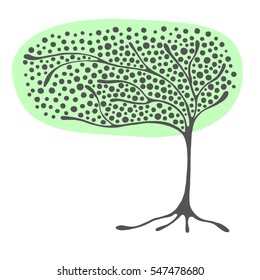Vector hand drawn illustration, decorative ornamental stylized tree. Green graphic illustration isolated on the white background. Hand drawing silhouette. Decorative artistic abstract branch.