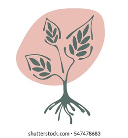 Vector hand drawn illustration, decorative ornamental stylized tree. Pink graphic illustration isolated on the white background. Hand drawing silhouette. Decorative artistic abstract branch.