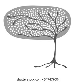Vector hand drawn illustration, decorative ornamental stylized tree. Grey graphic illustration isolated on the white background. Hand drawing silhouette. Decorative artistic abstract branch.