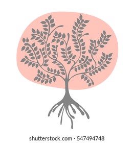 Vector hand drawn illustration, decorative ornamental stylized tree. Pink graphic illustration isolated on the white background. Hand drawing silhouette. Decorative artistic abstract branch.