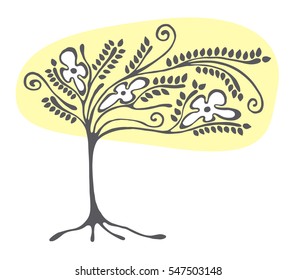 Vector hand drawn illustration, decorative ornamental stylized tree.  Yellow graphic illustration isolated on the white background. Hand drawing silhouette. Decorative artistic abstract branch.