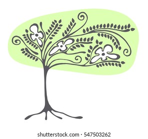 Vector hand drawn illustration, decorative ornamental stylized tree. Green  graphic illustration isolated on the white background. Hand drawing silhouette. Decorative artistic abstract branch.