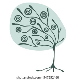 Vector hand drawn illustration, decorative ornamental stylized tree. Blue graphic illustration isolated on the white background. Hand drawing silhouette. Decorative artistic abstract branch.