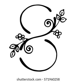 Vector hand drawn illustration, decorative stylized number eight in shape of tree with branch, flowers leaves Black and white isolated graphic outline illustration for 8 March. Line drawing silhouette