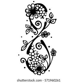 Vector hand drawn illustration, decorative stylized number eight in shape of tree with branch, flowers leaves Black and white isolated graphic outline illustration for 8 March. Line drawing silhouette