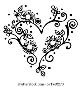 Vector hand drawn illustration, decorative ornamental stylized heart in shape of tree with branch, flowers, leaves, dots. Black and white isolated graphic outline illustration Line drawing silhouette.