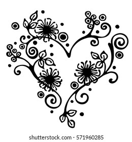 Vector hand drawn illustration, decorative ornamental stylized heart in shape of tree with branch, flowers, leaves, dots. Black and white isolated graphic outline illustration Line drawing silhouette.