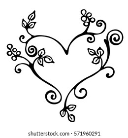 Vector hand drawn illustration, decorative ornamental stylized heart in shape of tree with branch, flowers, leaves, dots. Black and white isolated graphic outline illustration Line drawing silhouette.