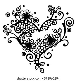 Vector hand drawn illustration, decorative ornamental stylized heart in shape of tree with branch, flowers, leaves, dots. Black and white isolated graphic outline illustration Line drawing silhouette.