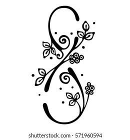 Vector hand drawn illustration, decorative stylized number eight in shape of tree with branch, flowers leaves Black and white isolated graphic outline illustration for 8 March. Line drawing silhouette