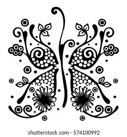 Vector hand drawn illustration, decorative ornamental stylized butterfly in shape of branch with flowers, leaves, dots. Black and white isolated graphic outline illustration Line drawing silhouette