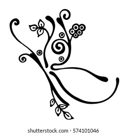 Vector hand drawn illustration, decorative ornamental stylized butterfly in shape of branch with flowers, leaves, dots. Black and white isolated graphic outline illustration Line drawing silhouette
