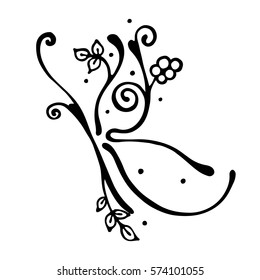 Vector hand drawn illustration, decorative ornamental stylized butterfly in shape of branch with flowers, leaves, dots. Black and white isolated graphic outline illustration Line drawing silhouette