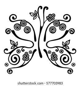 Vector hand drawn illustration, decorative ornamental stylized butterfly in shape of branch with flowers, leaves, dots. Black and white isolated graphic outline illustration Line drawing silhouette