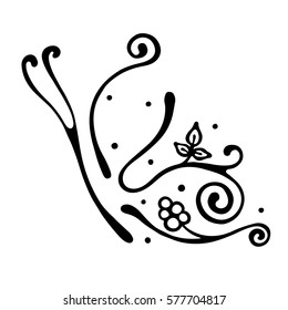 Vector hand drawn illustration, decorative ornamental stylized butterfly in shape of branch with flowers, leaves, dots. Black and white isolated graphic outline illustration Line drawing silhouette