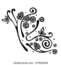 Vector hand drawn illustration, decorative ornamental stylized butterfly in shape of branch with flowers, leaves, dots. Black and white isolated graphic outline illustration Line drawing silhouette