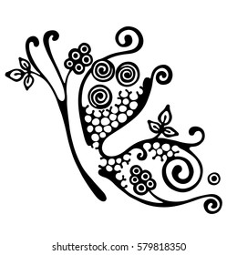 Vector hand drawn illustration, decorative ornamental stylized butterfly in shape of branch with flowers, leaves, dots. Black and white isolated graphic outline illustration Line drawing silhouette