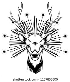 Vector hand drawn illustration of deer with three eyes. Alchemy, religion, spirituality, occultism, tattoo art, coloring books. Template for card, poster, banner, print for t-shirt.