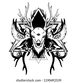 Vector hand drawn illustration of deer and birds with triangles isolated . Tattoo artwork. Template for card, poster, banner, print for t-shirt, pin, badge, patch.