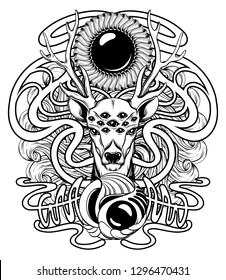 Vector hand drawn illustration of deer with floral frame isolated. Surrealistic tattoo artwork. Template for card, poster. banner, print for t-shirt, pin, badge, patch.