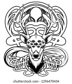 Vector hand drawn illustration of deer with floral frame isolated. Surrealistic tattoo artwork. Template for card, poster. banner, print for t-shirt, pin, badge, patch.