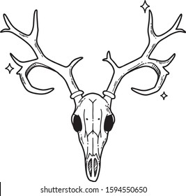 Vector hand drawn illustration of deer skull with horns and stars. Flat and cartoon style. For print design, cards, tattoo, stickers.