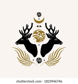 Vector hand drawn illustration of deer isolated. Creative artwork. Template for card, poster, banner, print for t-shirt, pin, badge, patch.