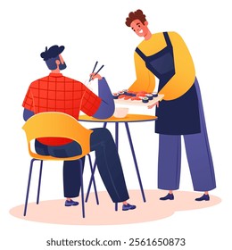 Vector hand drawn illustration depicting scene in sushi restaurant. Waiter with smile brings sushi and roll set to visitor's table.Visitor already eaten his noodle happy to accept next dish