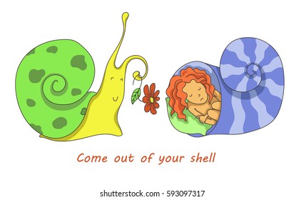 Vector hand drawn illustration. A depressed girl in her "shell"
